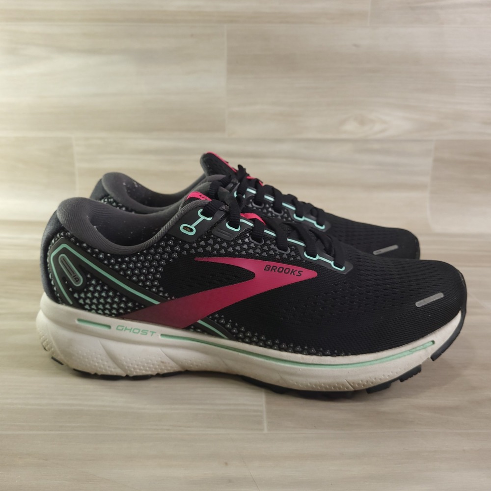 Brooks Ghost 14 Running Shoes Womens 8.5 Wide Black Pink Teal 1203561D013
